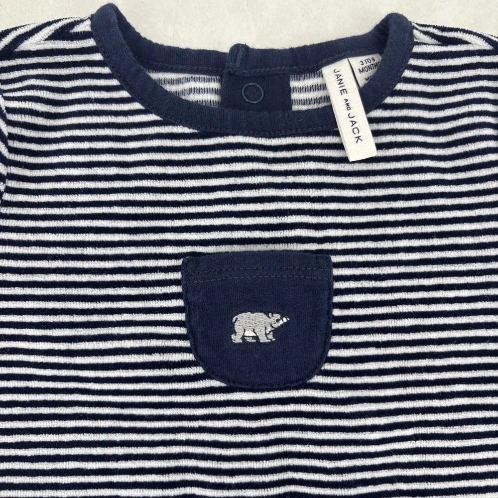 Janie‎ & Jack Velvet Striped One Piece Romper Size 3/6 Months Boys Bear Pocket